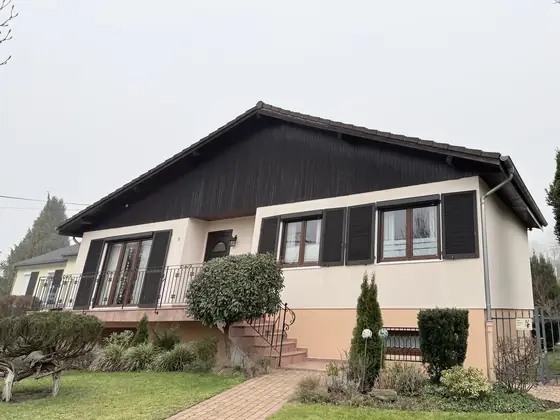Creutzwald avant travaux : pignon habillé de bois sombre, volets bruns